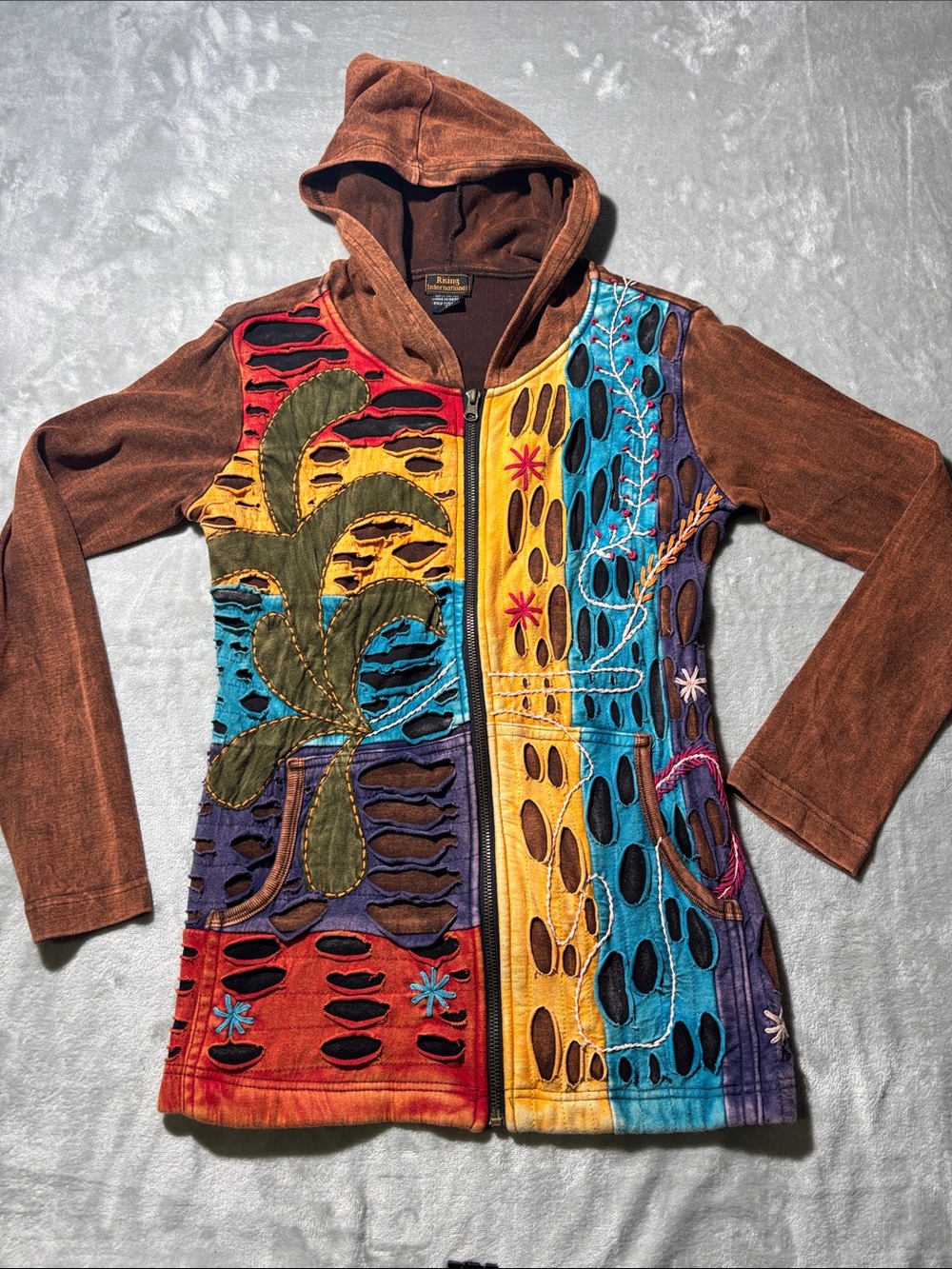 Rising International Nepal Patchwork Embroidered Boho Hooded Jacket S
